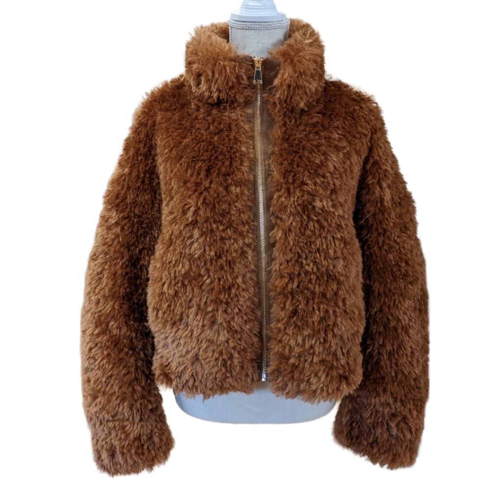 NWT Maeve by Anthropologie Women's Honey Brown Teddy Full Zip Up Coat Size M